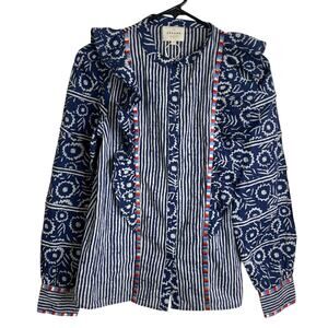 Sezane Coletta Shirt 34 Womens Floral Printed Button Up Embroidered Ruffle